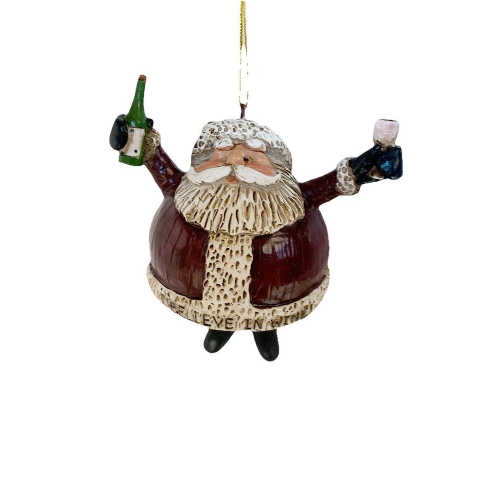 I Believe in Wine Santa Ornament Dangly Legs Christmas Tree Holiday Decoration